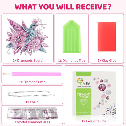MEIYUDA Flowers Birds Diamond Art Hanging Kits for Adult, Hummingbird Diamond Painting Hanging Kits Ornaments, DIY Special Shaped Rhinestone Window Pendants kit for Home Garden Wall Decor Gift