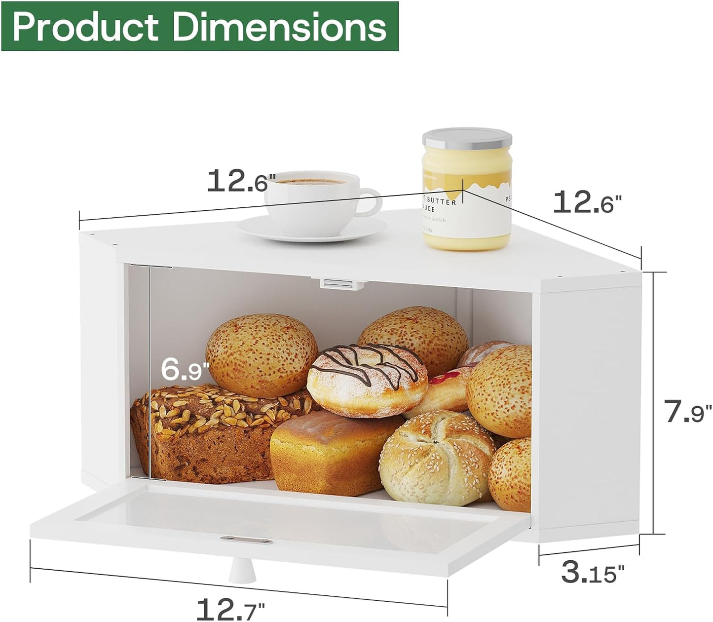 kiplant Countertop Corner Bread Box for Kitchen - Bamboo Wood, Wavy Acrylic Door, Bread Storage Container, Large Bread