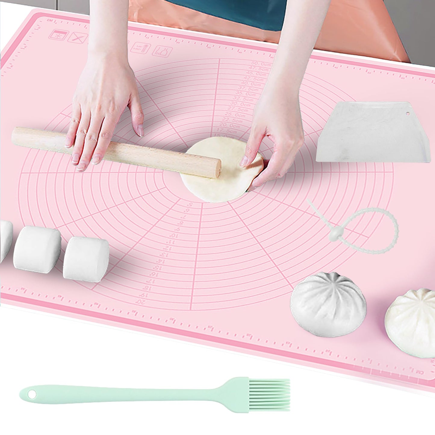 Silicone Baking Mat 32" x 24", Extra Thick Non-stick Pastry Mat with Measurements and Edge Heightening, Food Grade Silicone for Countertop Dough Rolling(With Dough Scraper/Pastry Brush/Cable Tie)