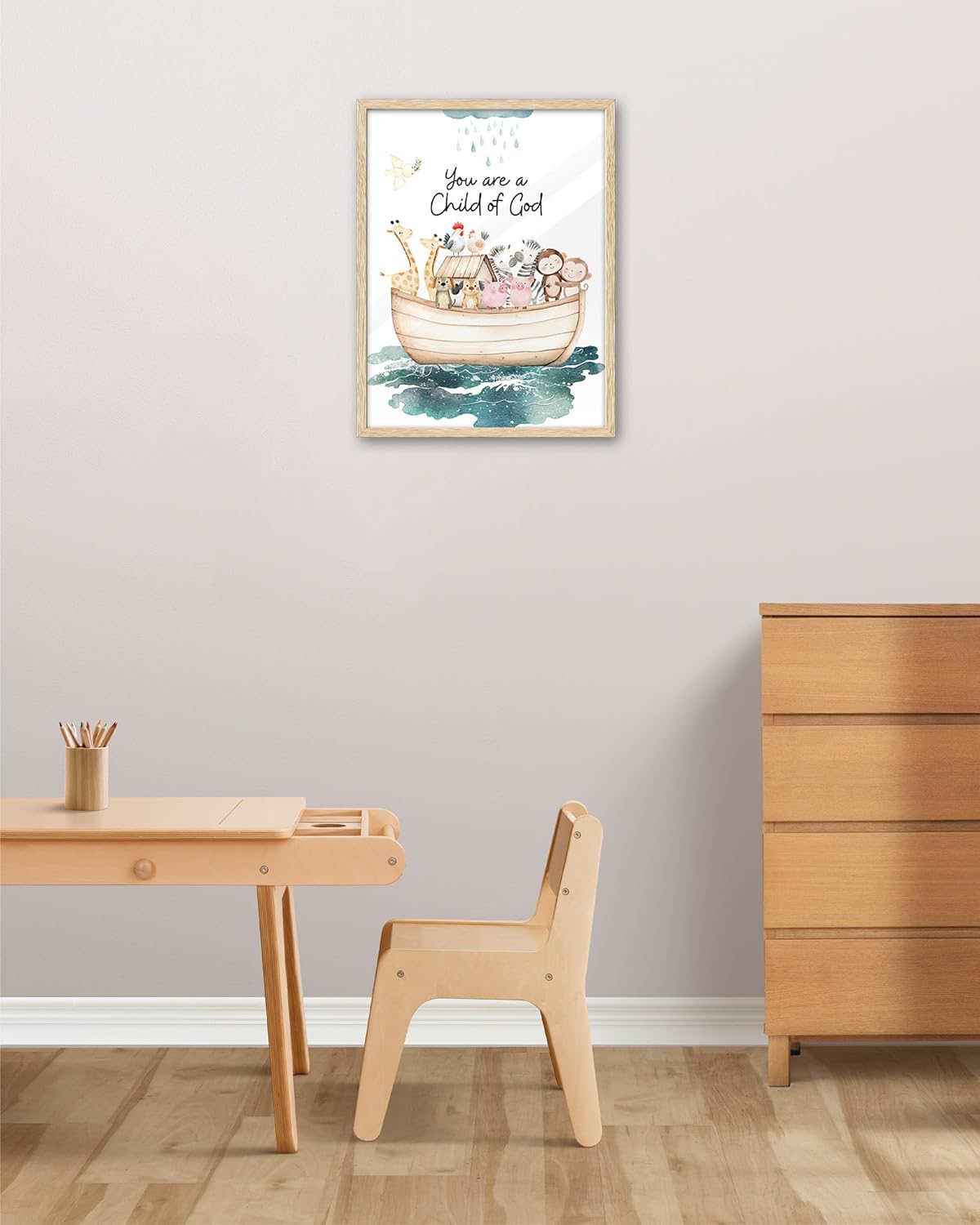 12x16 God,Set 1 KensTro Natural OAK Wood Noah Ark Framed Wall Art, in Being Loved By God,Ark Guardian Animal Christian