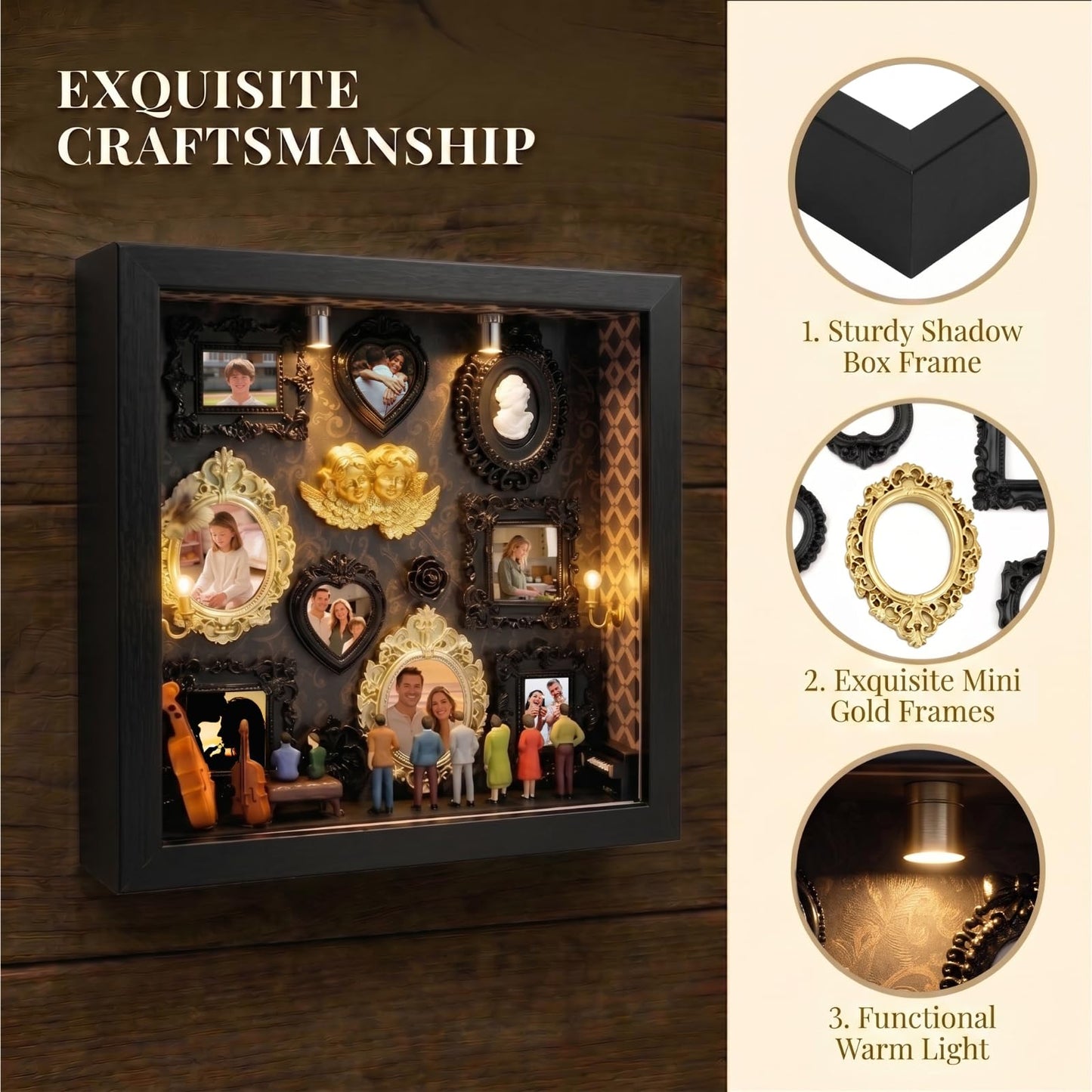 YXESO DIY Mini Museum Silhouette Box for Mother's Day, Shadow Box Frame with Gold Mini Picture Frames & People Figurines for Anniversary, Home Decor