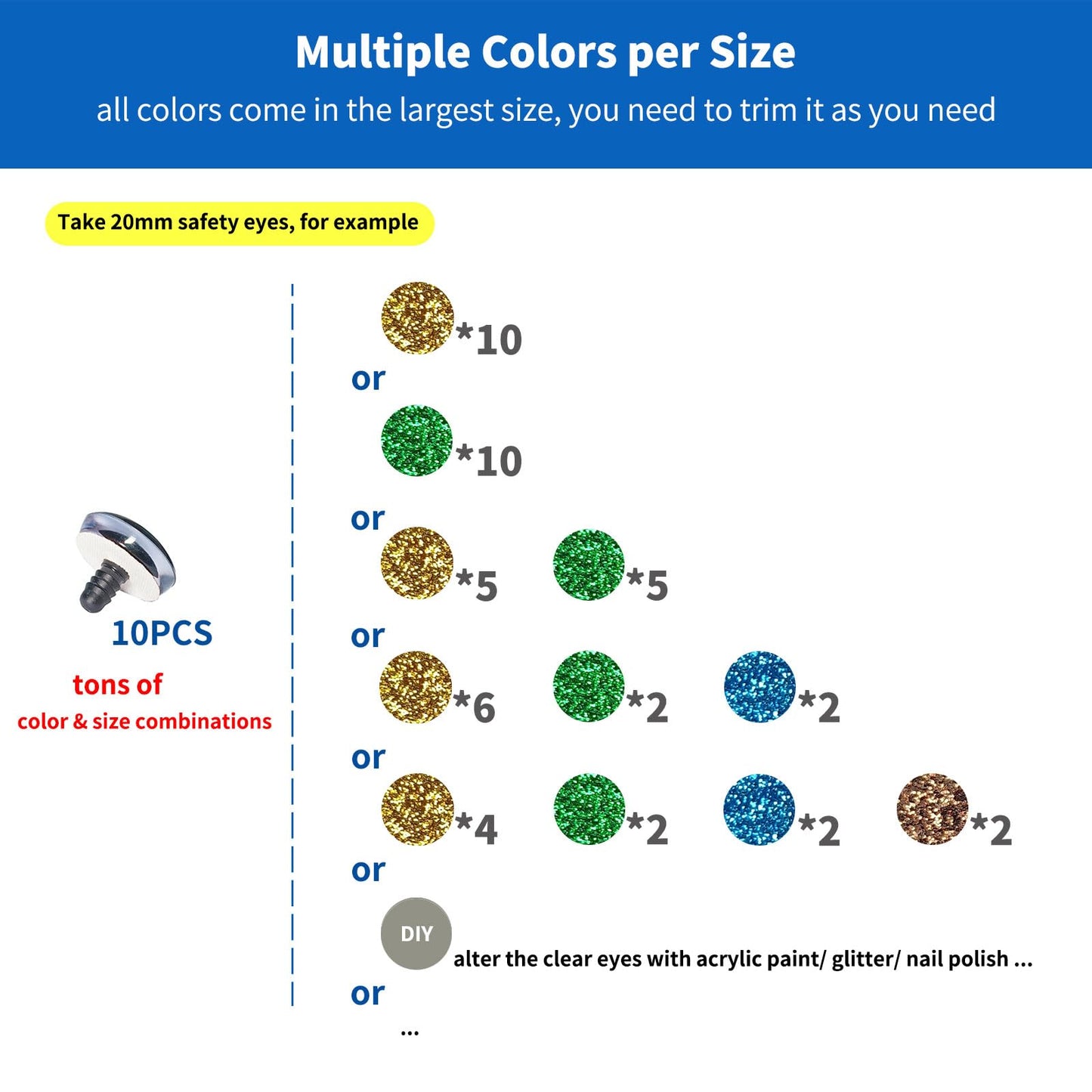 RuWfpz Glitter Safety Eyes for Crocheting Amigurumi 18-30mm - 4 Colors Stuffed Crochet Animal Eyes with Washers, 80Pcs Plastic Clear Button Doll Eyes for Crafts Bear Plushies Toy