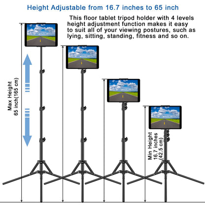 SAMHOUSING Ipad Tripod Stand, with 65 inch Height Adjustable iPad Stand Holder & iPad Floor Stand with 360° Rotating iPad Tripod Mount for iPad Pro, iPhone, Kindle, and All 4.5-12.9 Inch Tablets
