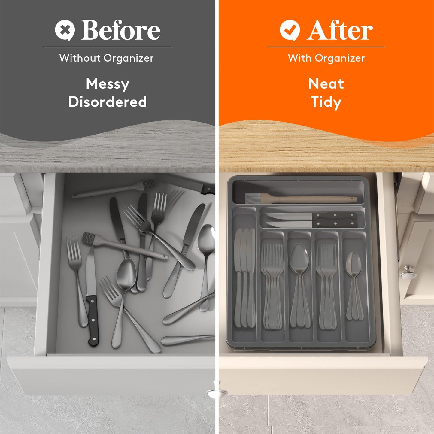 Lifewit Silverware Organizer with Lid, Covered Utensil Tray for Kitchen Drawer and Countertop, Plastic Cutlery and Flatware Storage Box for Spoons Forks Knives Holder Case, 6 Compartments, Black
