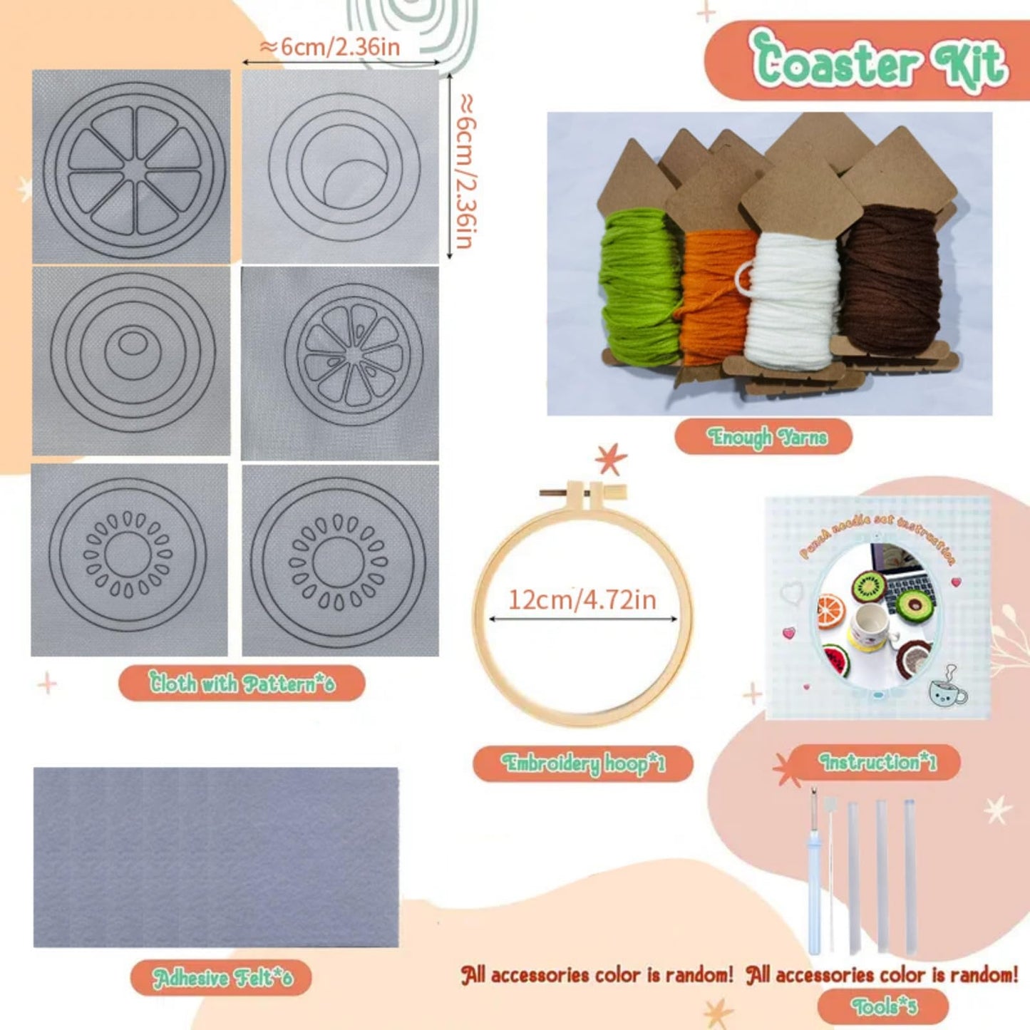 Avtytsda 6PCS Punch Needle Coaster Kit,Easy Punch Needle DIY Embroidery Set with Tools, Yarns, Hoop, Instructions Easy for Beginners, Kids, Adults, Handmade Gift and Decoration (Fruit)