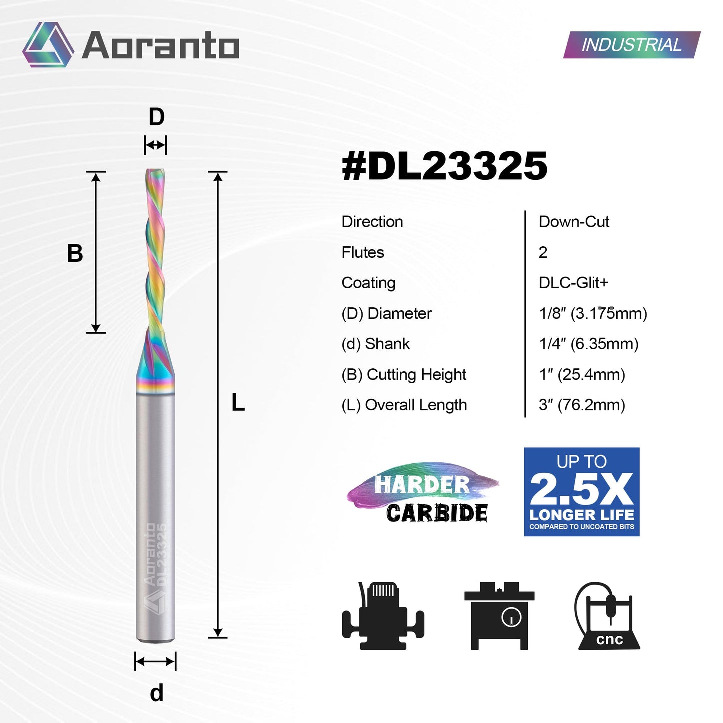 Aoranto DL23325 1/8" Downcut Spiral CNC Router Bit 1/4" Shank, Industrial Quality Extra Long Life Coating Solid Carbide Down Cut End Mill for Wood Slot Engraving Carving, 1/8 Inch Dia x 1 Inch CL