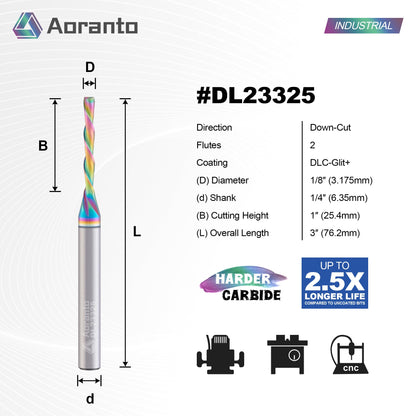Aoranto DL23325 1/8" Downcut Spiral CNC Router Bit 1/4" Shank, Industrial Quality Extra Long Life Coating Solid Carbide Down Cut End Mill for Wood Slot Engraving Carving, 1/8 Inch Dia x 1 Inch CL