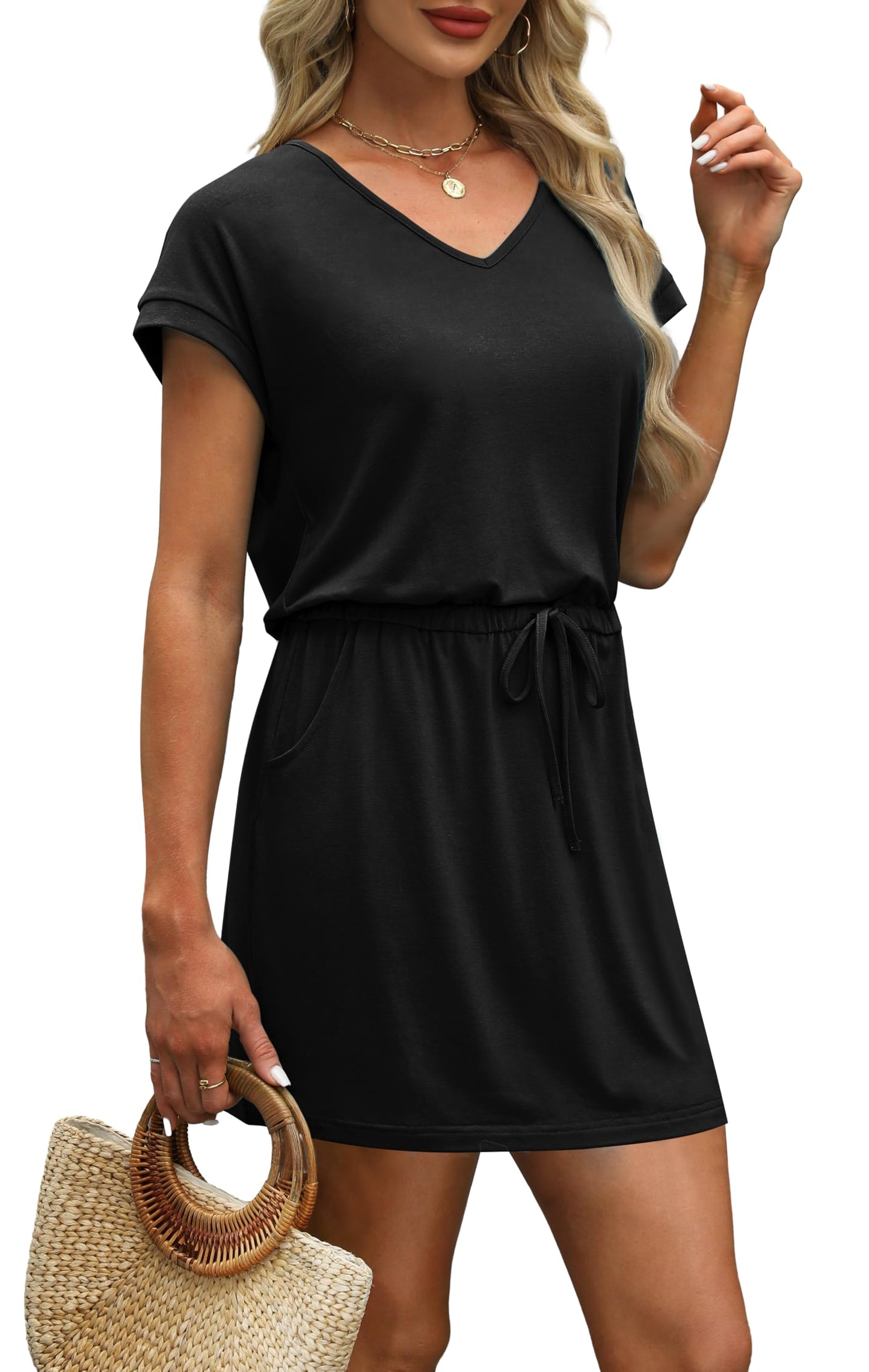 OFEEFAN Beach Vacation Clothes for Women Fashion Summer Dresses for Women 2025 Loose V Neck Casual Dress Sundresses Cover Up with Pockets Black L