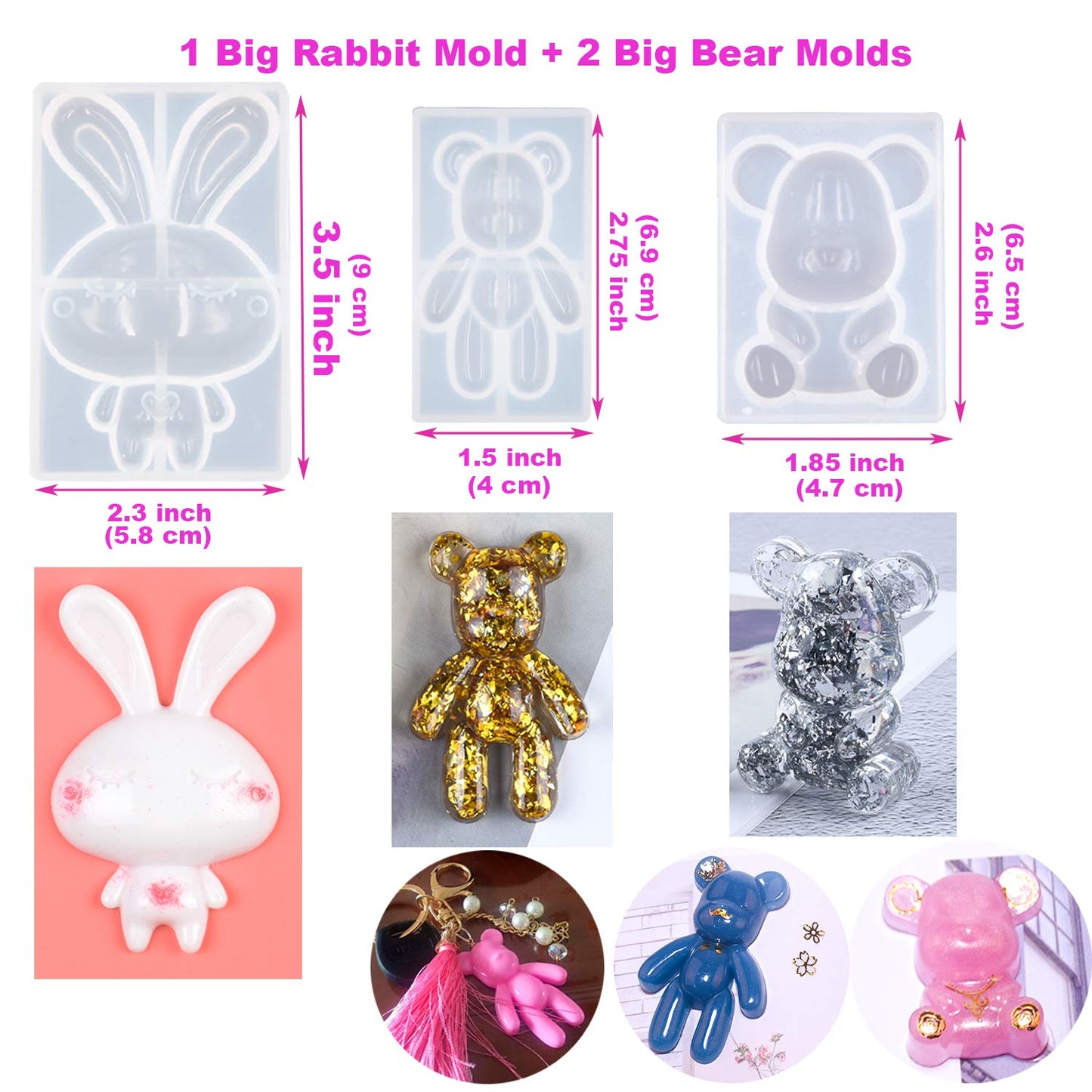 EuTengHao 132Pcs Animal Silicone Molds DIY Resin Casting Kit Contains 4 Bears 3D Bear Rabbit Cat Paw Mold Necklace Pendant Time Gem Eiffel Tower Jewelry Crystal