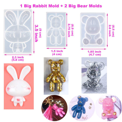 EuTengHao 132Pcs Animal Silicone Molds DIY Resin Casting Kit Contains 4 Bears 3D Bear Rabbit Cat Paw Mold Necklace Pendant Time Gem Eiffel Tower Jewelry Crystal