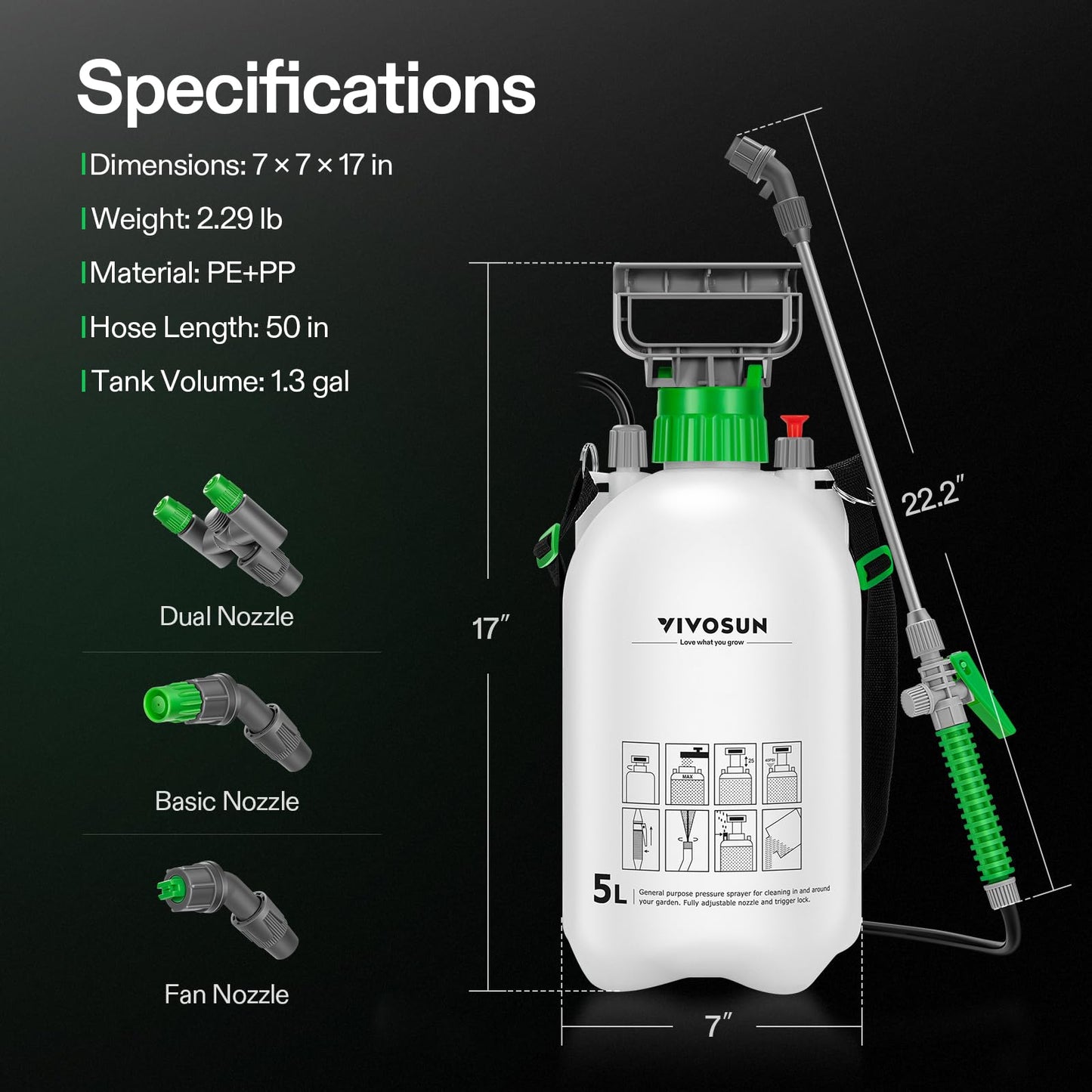 VIVOSUN Pump Sprayer 1.35 Gallon, Portable Water Spray Bottle in Lawn and Garden Yard, Weed Sprayer for Plants with 3 Nozzles, Adjustable Shoulder Strap, Pressure Relief Valve