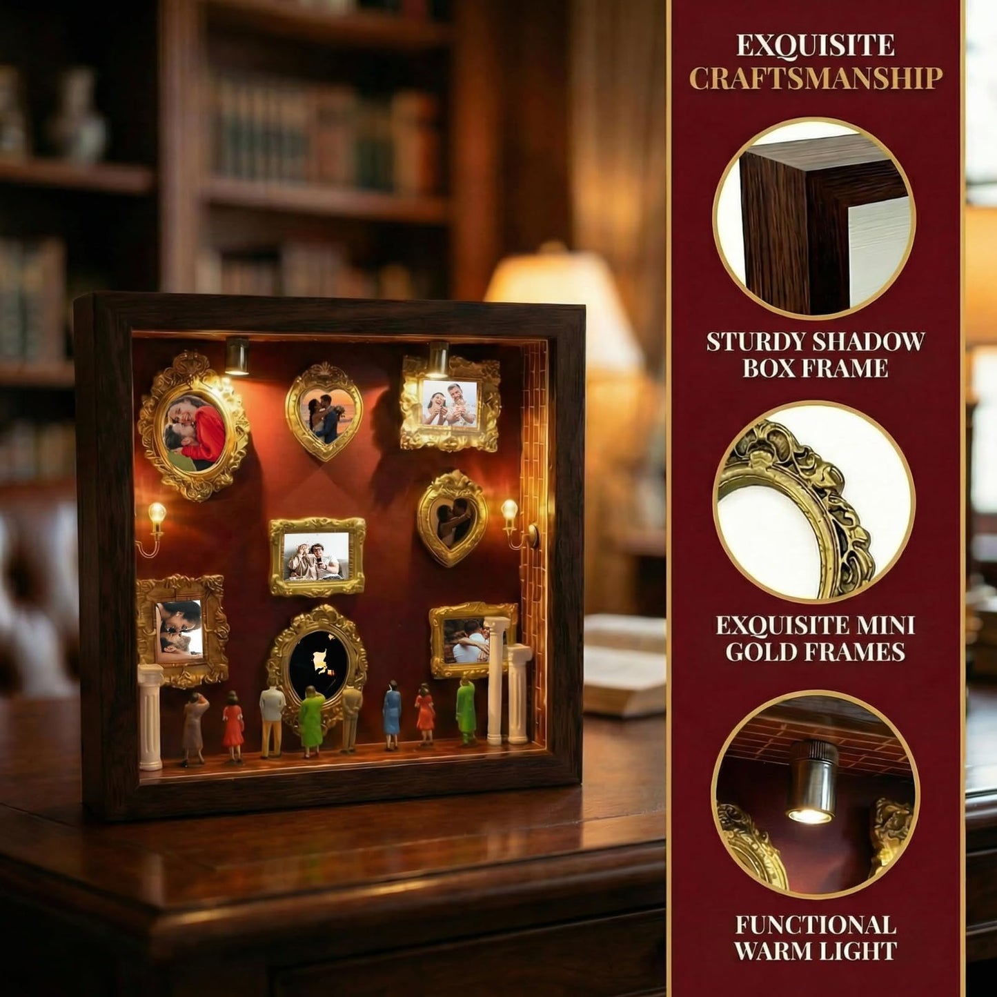 DIY Mini Museum Silhouette Box, Shadow Box Frame Set, Museum of Us Box with Gold Mini Picture Frames & Figurines for Mother's Day, Anniversary and Valentine's Day Gifts (Walnut Wood Color)