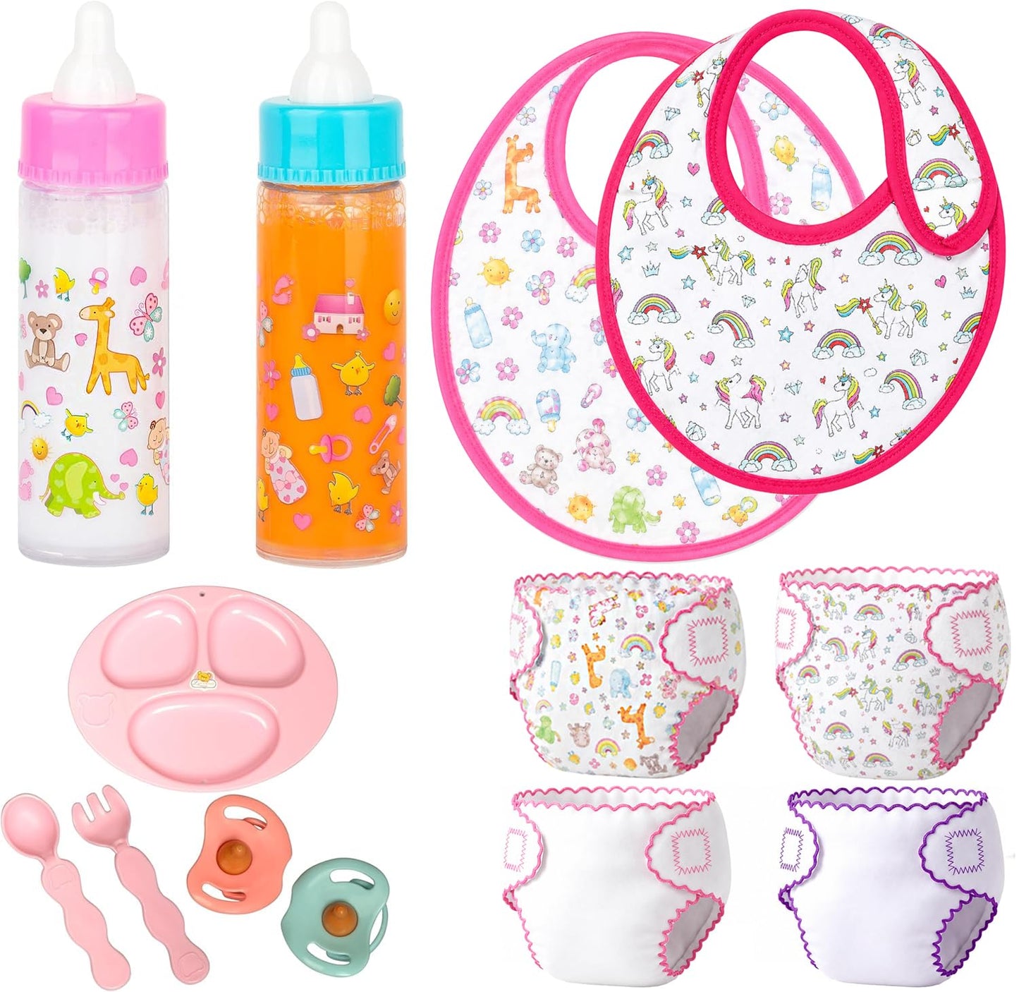 My Sweet Baby 13-Piece Doll Feeding & Diaper Bag Set – Disappearing Milk Bottles, Bibs, Pacifiers, Diapers & Accessories Set – Pretend Play Baby Doll Care Kit for Girls – Fits 12–18″ Dolls