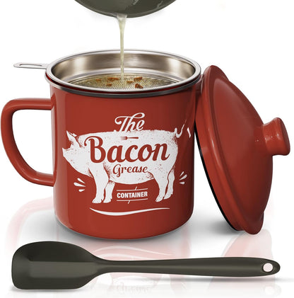 Skiennix Bacon Grease Container - 46oz Enamel Keeper with Strainer & Silicone Spatula | Red, Dishwasher Safe