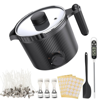 Candle Wax Melter with Pour Spout, Candle Making Kit for Adult Beginners, for Candle Making, Set Includes Wax Melting Pot, Stirring Spoon, Thermometer, Wick, Wick sticker and Centering Device - Black