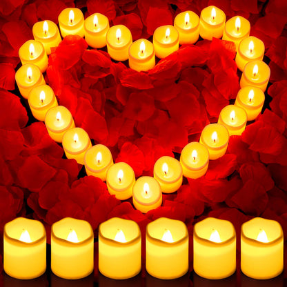 cridoz Rose Petals and Candles Set, 3000 Fake Rose Pedals and 24 Flameless Candles for Romantic Night Decorations