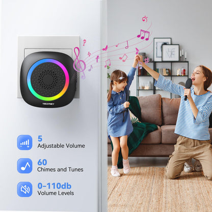 TECKNET Plug-in Wireless Doorbell with RGB Lighting & 1300 Feet Range,IP66 Waterproof Doorbell for Home/Classroom/Office/Business,60 Chimes,5-Level Volume,4.5-Year Battery Life(White)