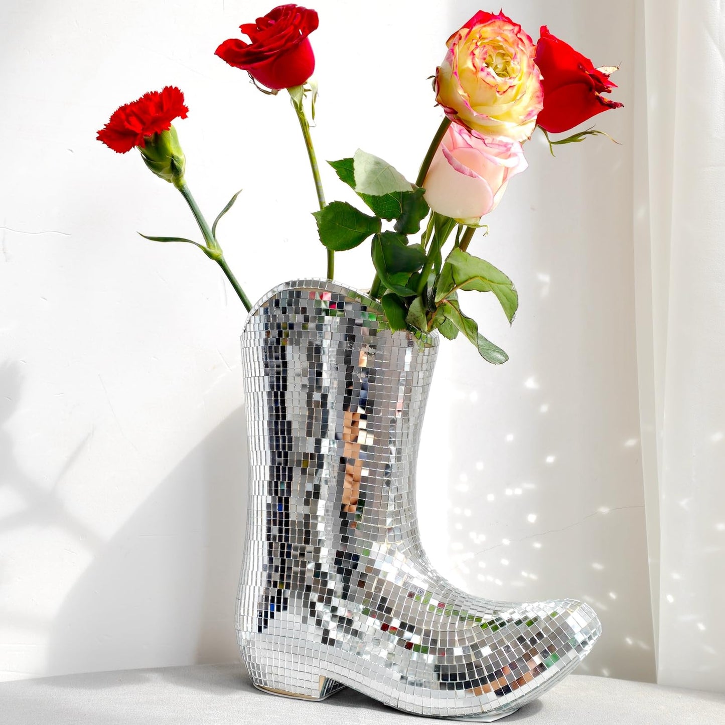 Handcrafted Disco Cowboy Boot Vase, Ceramic & Santiago Disco Ball Modern Western Flower Vase, 9.5inch Santiago Disco Cowboy Boot Home Decor, Unique Gift for Housewarming