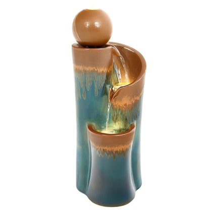 Ultym 32" H Ceramic Outdoor Water Fountain with LED Lights, 3-Tier Cascading Sphere Water Feature, Tranquil Waterfall for Relaxing Garden, Patio, Yard, or Porch, Teal & Copper Drip-Glaze Finish