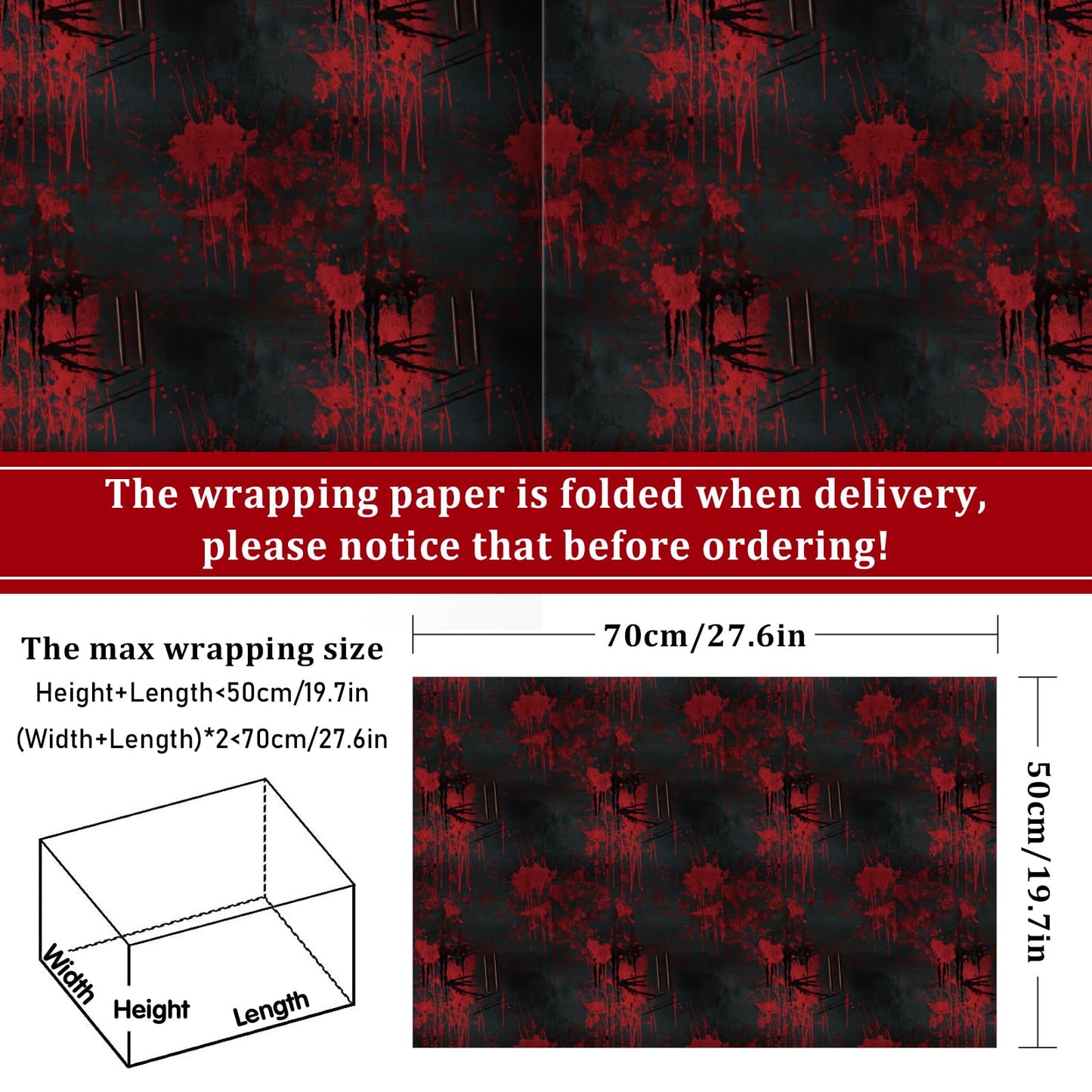Whaline 12 Sheets Halloween Bloody Wrapping Paper - Not Roll - Scary Blood Splash Gift Wrap Paper Folded Flat for DIY Crafts Holiday Horror Spooky Eve Night Party, 19.7 x 27.6 Inch