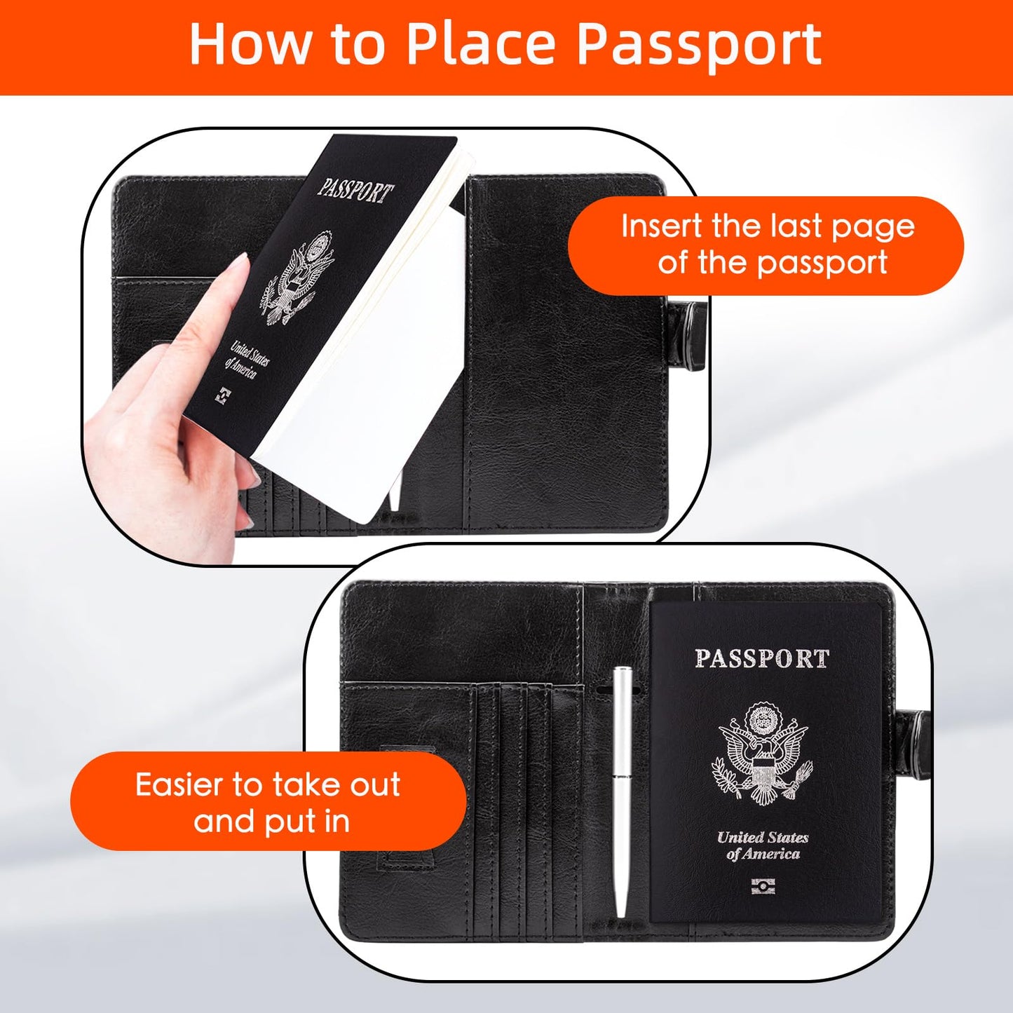 WALNEW Passport Holder for Travel, RFID Passport Cover Wallet for Women Men, PU Leather Passport Book Card Holder Case with Pen, Travelling Essentials for Flying
