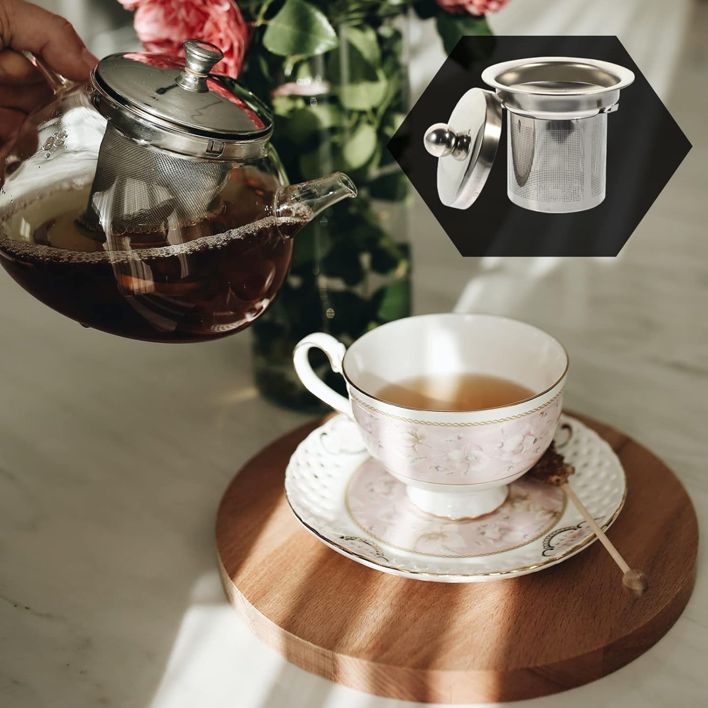 Hemoton Tea Strainer Insert with Lids, Stainless Steel Tea Infuser, Metal Teapot Replacement Mesh Strainer Accessories