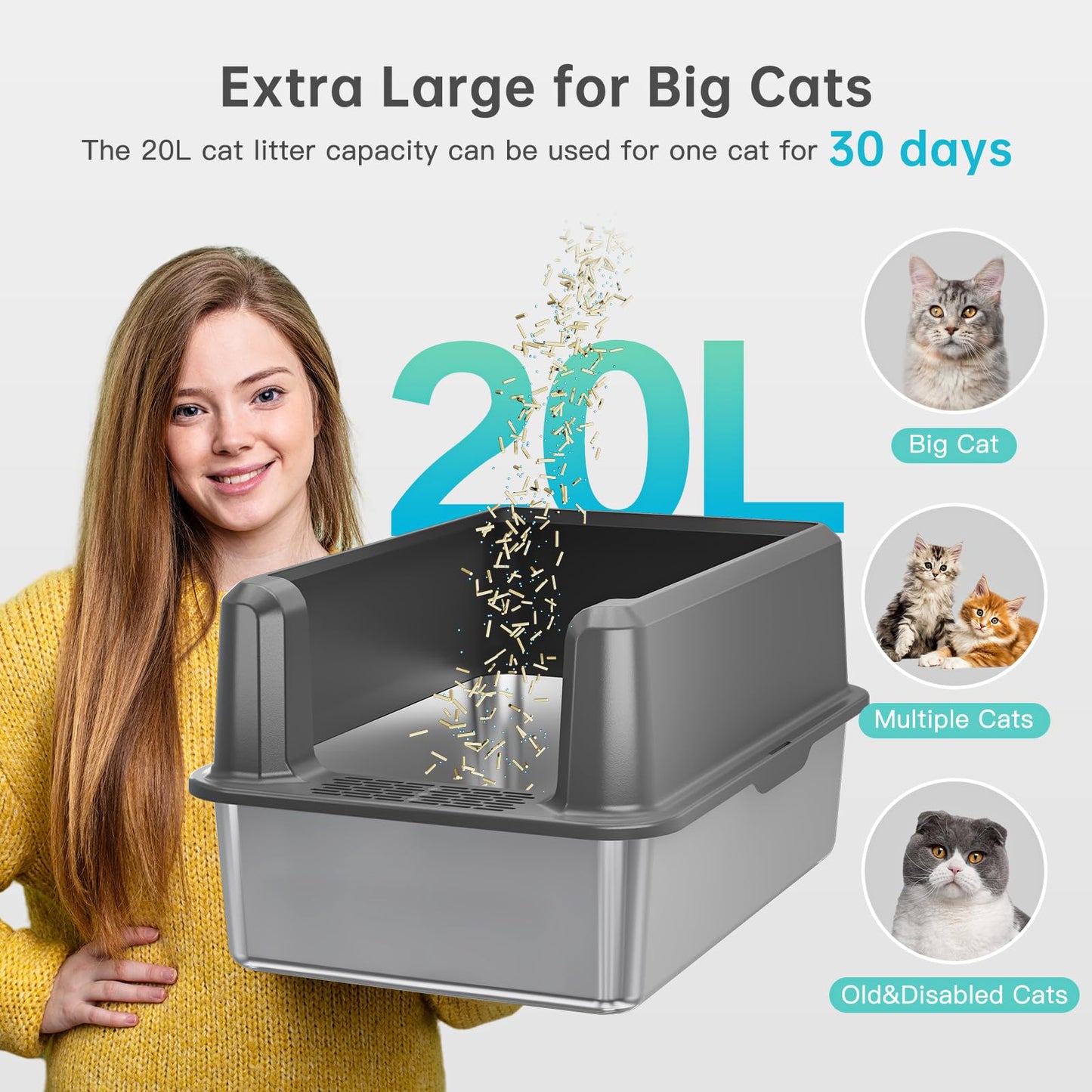 WoofiGo Enclosed Stainless Steel Cat Litter Box with Lid, XL Extra Large Litter Box for Big Cats, Metal Litter Pan High Sided, Never Absorbs Odors, Anti-Urine Leakage, Easy Cleaning, Include Scoop