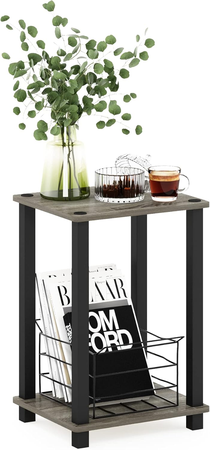 1-Tier Furinno Simplistic End Side Night Stand/Bedside Table with Plastic Poles, French Oak Grey/Black