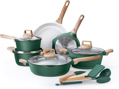 Country Kitchen Nonstick Pots and Pans Set - 14-Piece Cast Aluminum Cookware Set in Sage with Utensils