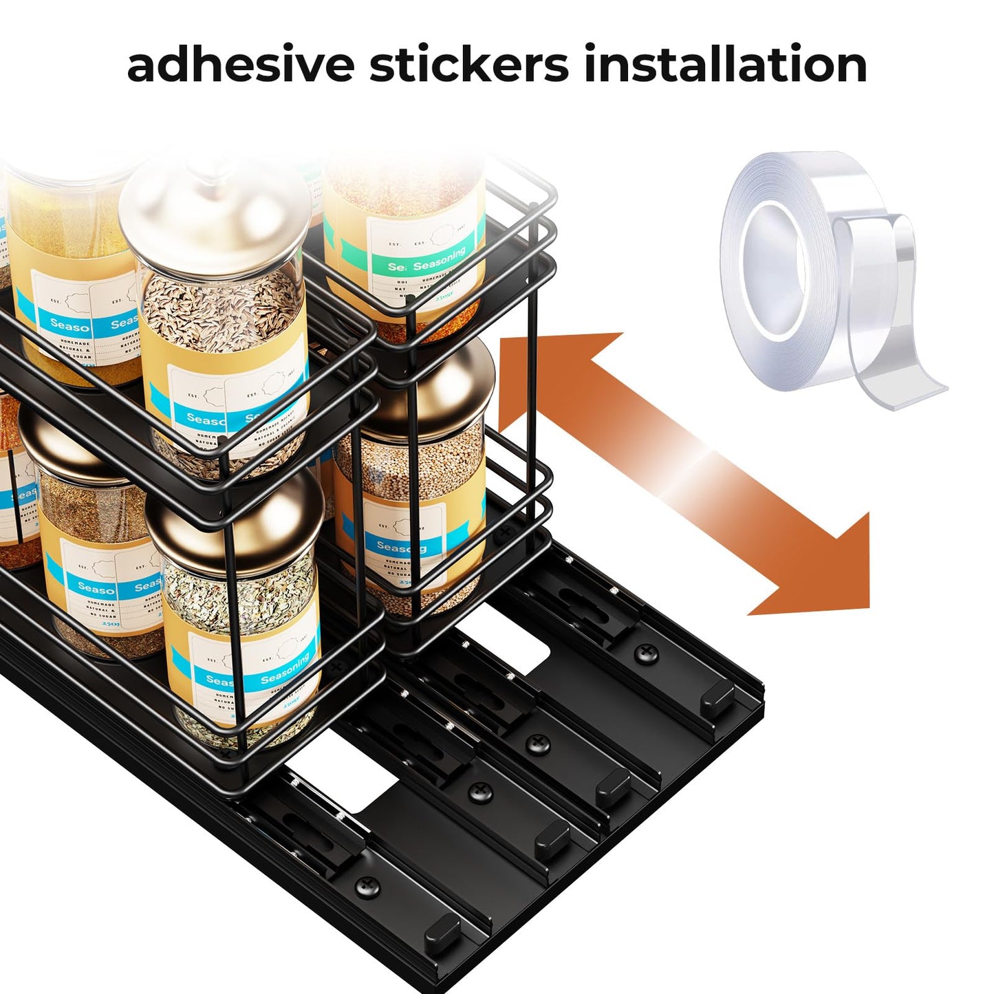 Pull Out Spice Rack Organizer for Cabinet, Slide Out Spice Racks, Easy to Install, 2.1''Wx10.35''Dx8.26''H, 3 Drawers 2 Tiers(Black)