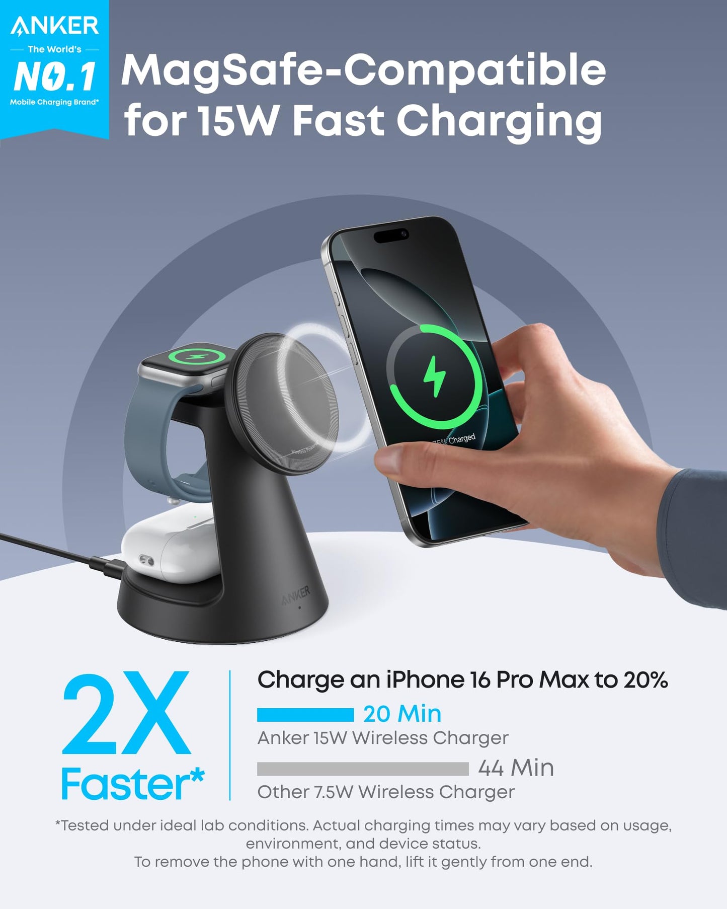 Anker MagSafe Charger Compatible, MagGo 3-in-1 Charging Station, Nano Charging Stand, Qi2 Certified 15W Magnetic Wireless Charger Dock, for iPhone17/16/15/14, Apple Watch,AirPods (Adapter Included)
