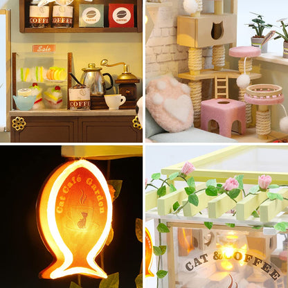 Cat Cafe Wooden Miniature Dollhouse Kit DIY Pet Cat Coffee Shop Building Model Accessories with Furniture LED Light Music Box Birthday (Without Dust Cover)