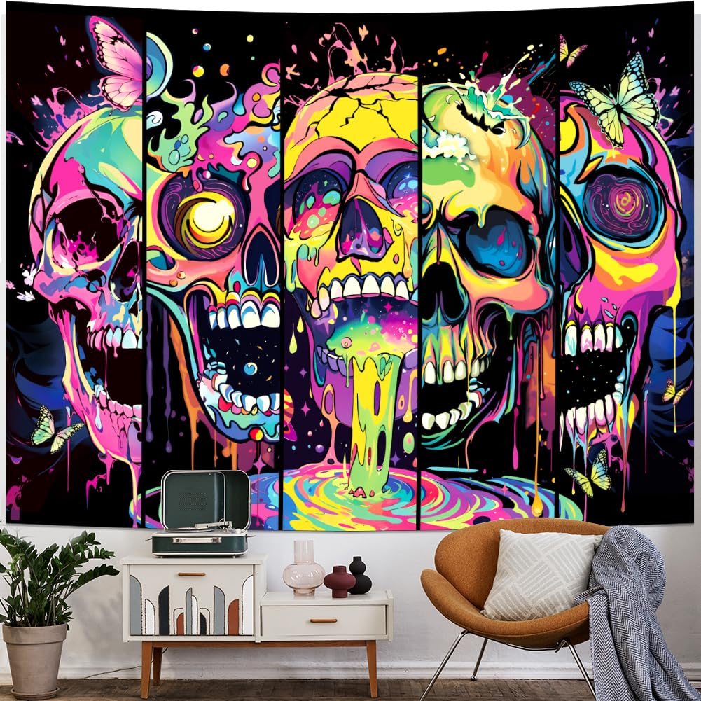 Heopapin Blacklight Skull Art Tapestry UV Reactive Neon Skeleton Butterfly Tapestries Trippy Blacklight Horror Face Wall Hanging Tapestry Halloween Aesthetic Wall Decor Tapestries for Home W78×H59