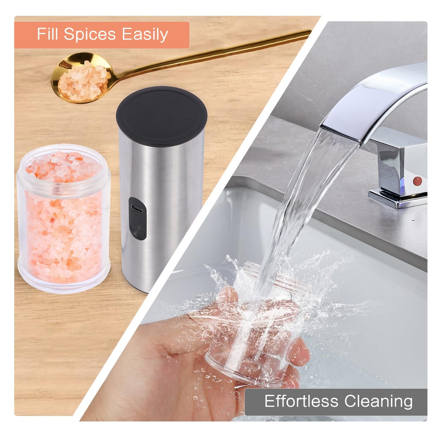 Enutogo Salt and Pepper Grinder Set, Electric Salt Pepper Shakers with Adjustable Coarseness, Automatic Salt Mill Grinder, Rechargeable Salt Grinder Refillable, One-Hand Operation with LED Light (2)