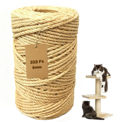 Natural Jute Twine 6mm x 328ft, 4Ply Twisted Heavy Duty Rope Roll for Gardening, Crafting, Bundling, Cat Scratching Post, Home Decor, Christmas Decorations