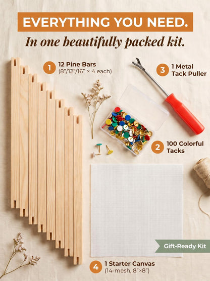Needlepoint Stretcher Bars for Needlework, 12-Pack Pine Wood Frame Kit with 8/12/16 Inch Bars, 100 Tacks, Tack Puller and 14-Mesh Canvas for Stitching