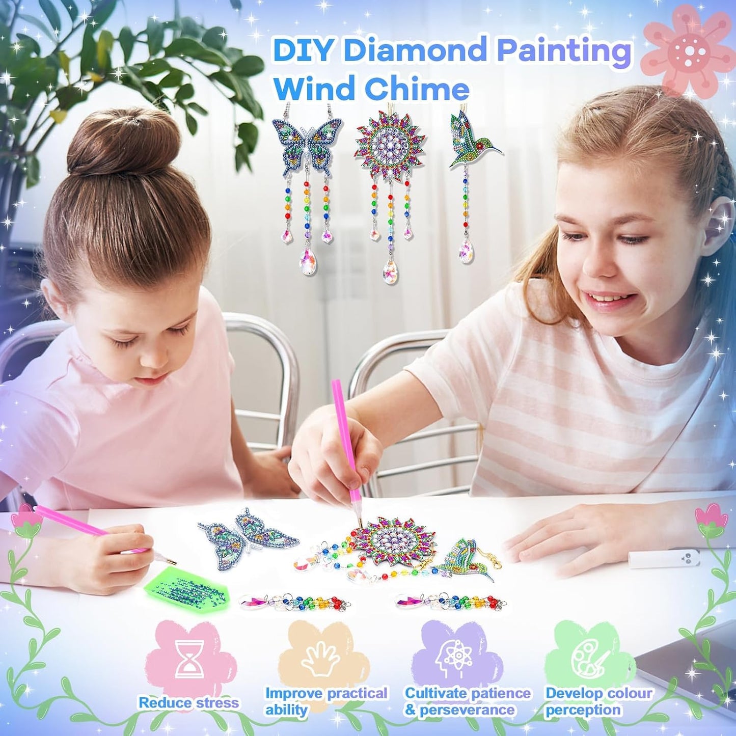 Arts and Crafts for Kids Ages 8-12, DIY Diamond Painting Kits Birthday Gifts for 6 7 8 9 10 11 12 Year Old Girls Boys, Butterfly, Sun Hummingbird, Suncatcher, Wind Chimes for Home Garden Decor
