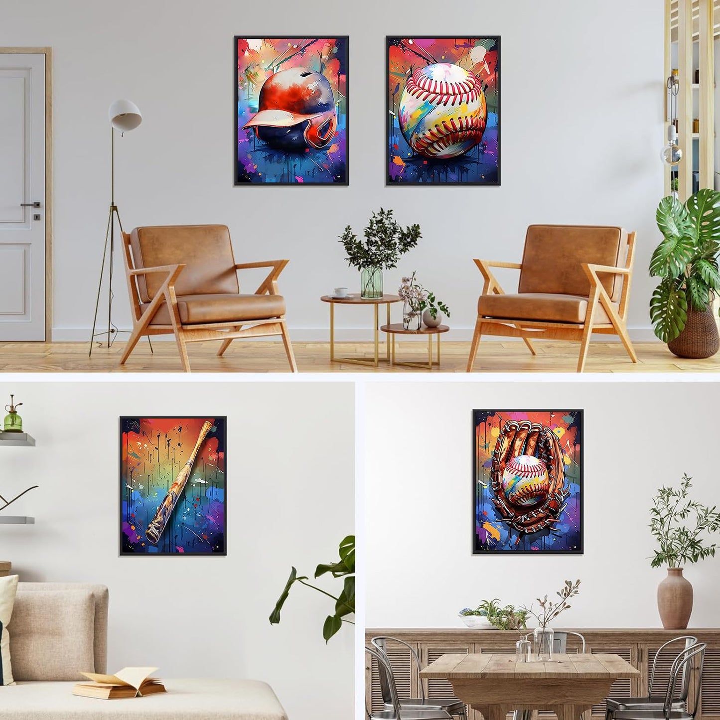 Diamond Art Kits for Adults Beginner,4 pack Baseball Retro Graffiti DIY Modern Diamond Painting Kits 5D Diamond Dots Gem Art Crafts with Tools,Round Full Drill Crafts for Home Wall Decor&Gift-12x16in