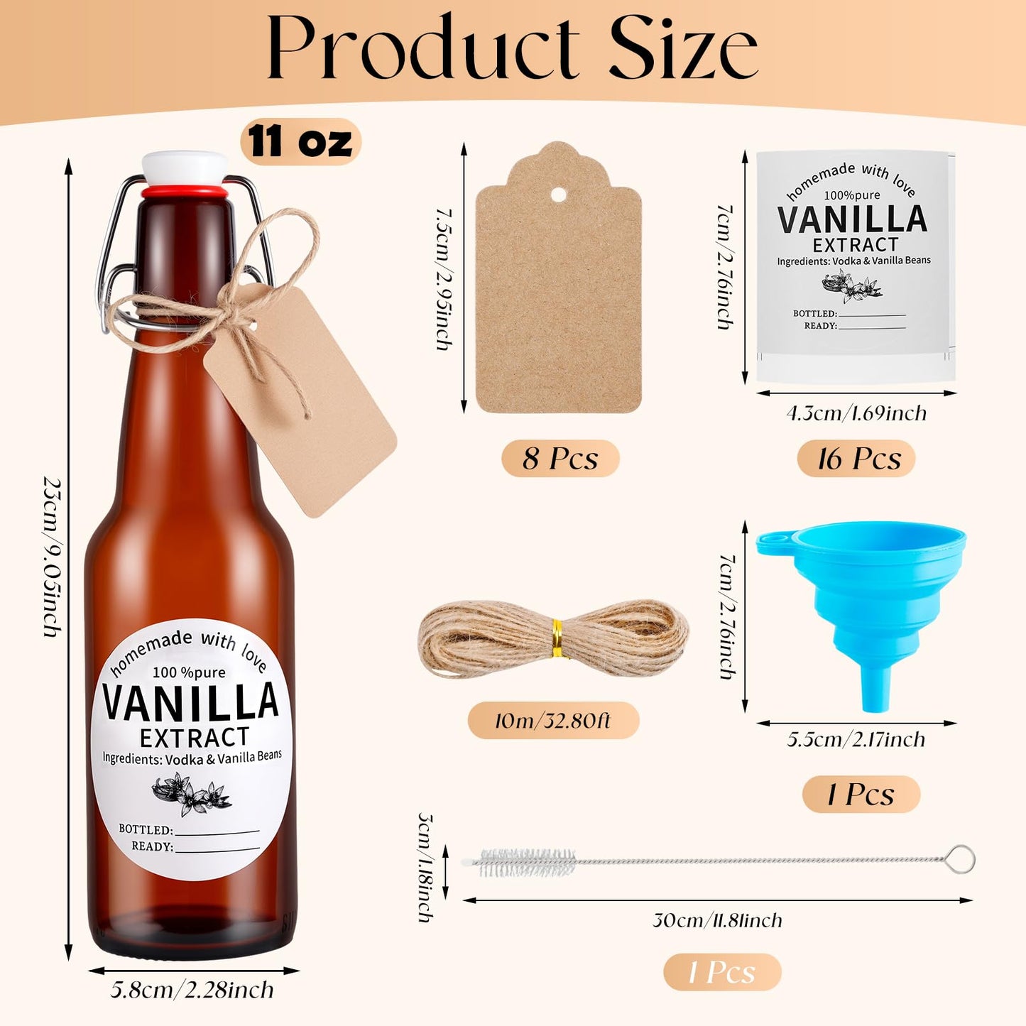 Dyrfolm 8 Pack 11 Oz Swing Top Glass Bottles Set - Glass Bottles for Vanilla Extract with Caps, Labels, Twine, Funnel & Brush, Reusable Flip Top Bottles for Home Brewing, Oil, Beer, Tea & DIY Crafts