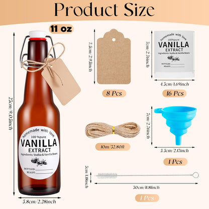 Dyrfolm 8 Pack 11 Oz Swing Top Glass Bottles Set - Glass Bottles for Vanilla Extract with Caps, Labels, Twine, Funnel & Brush, Reusable Flip Top Bottles for Home Brewing, Oil, Beer, Tea & DIY Crafts