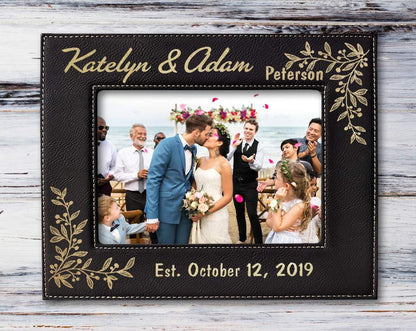 Personalized Newlywed Couples Leather Picture Frame - 7x5 Engraved Wedding Anniversary Gift