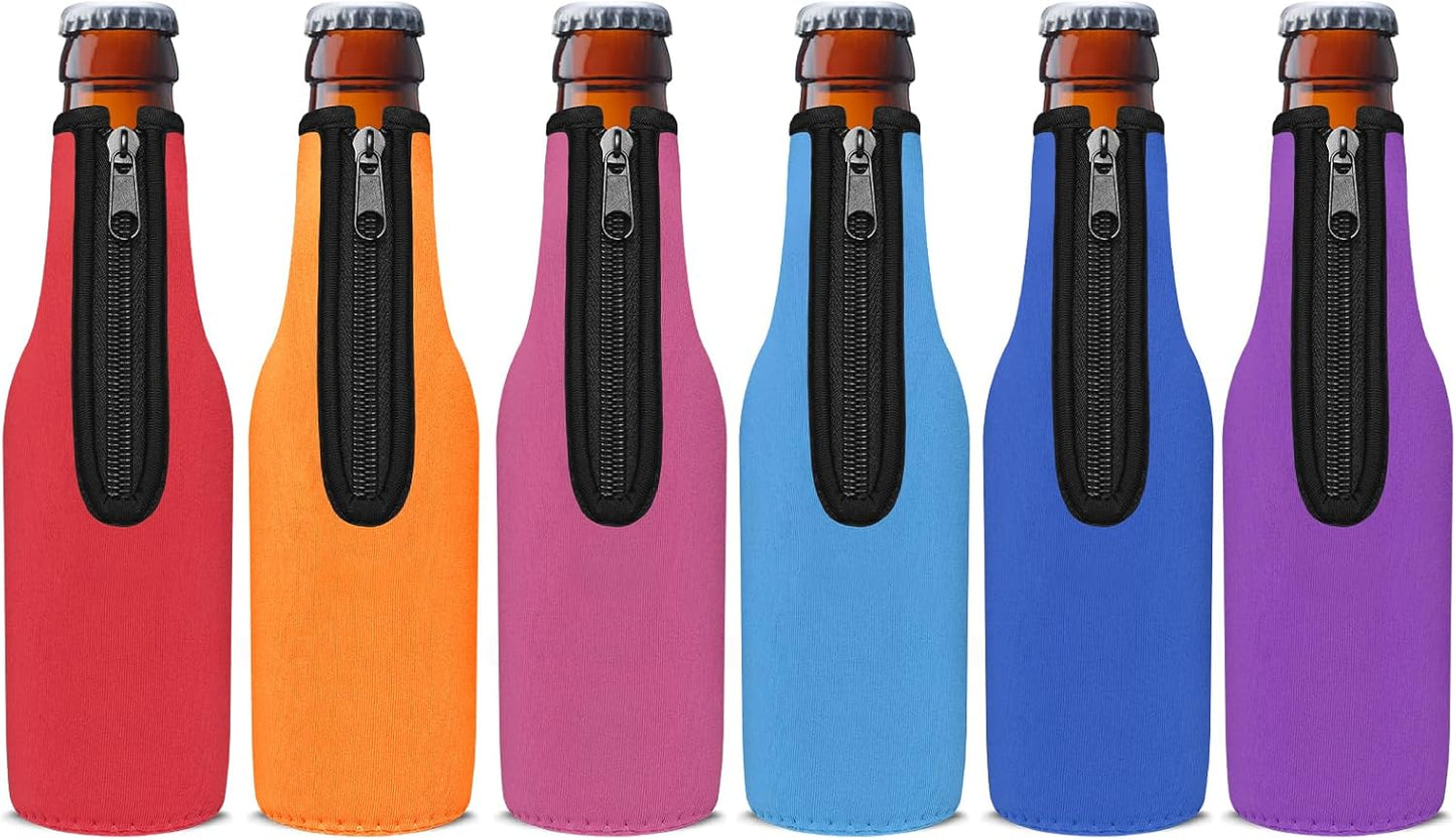 12 OZ 6 Pack) Beer Bottle Cooler Sleeves, Standard Zip-up Extra Thick Neoprene Insulated Sleeve-Keep Beer Cold