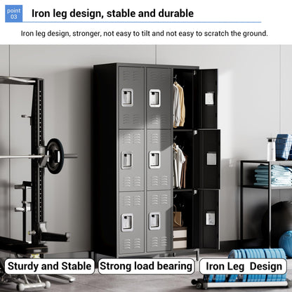 GAOMON Locker for Employees, 9 Doors Locker Cabinet with Hooks, Storage Locker for Home, Office, Gym, School, Assembly Required, Black