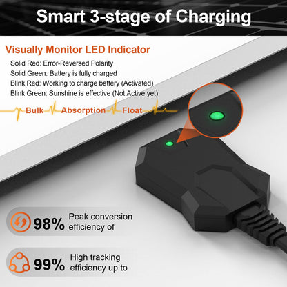SUNER POWER 12V 10W Solar Battery Trickle Charger Maintainer, Built-in Smart MPPT Charge Controller, Tubular Mount Bracket, Waterproof 10 Watt Solar Panel Kits for 12 Volt Rechargeable Batteries