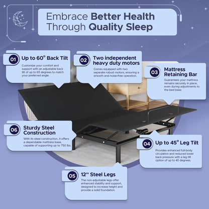 Celestial Sleep Aurora Adjustable Bed Base (Frame Only), Easy Assembly, Head and Foot Lift, Zero Gravity, Memory Positions - Queen