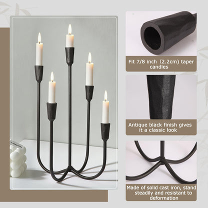 Mofunci Cast Iron 5-Candle Candelabra Centerpieces for Tables, Black Candle Holders Wedding Event 17.6 inch Tall Hand-Forged Candlestick Holders for Dining Room, Living Room or Mantel
