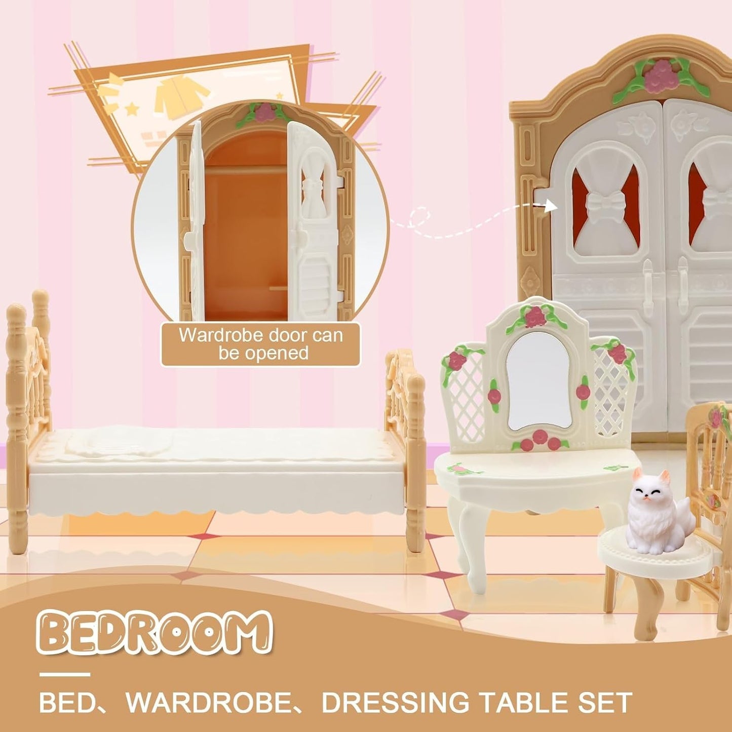 36Pcs Dollhouse Furniture Set,Miniature 1:12 Scale Dolls House Accessories with Cat,Dog,Kitchen, Dining Room, Living Room,Bedroom for Playhouse Toy(Beige)