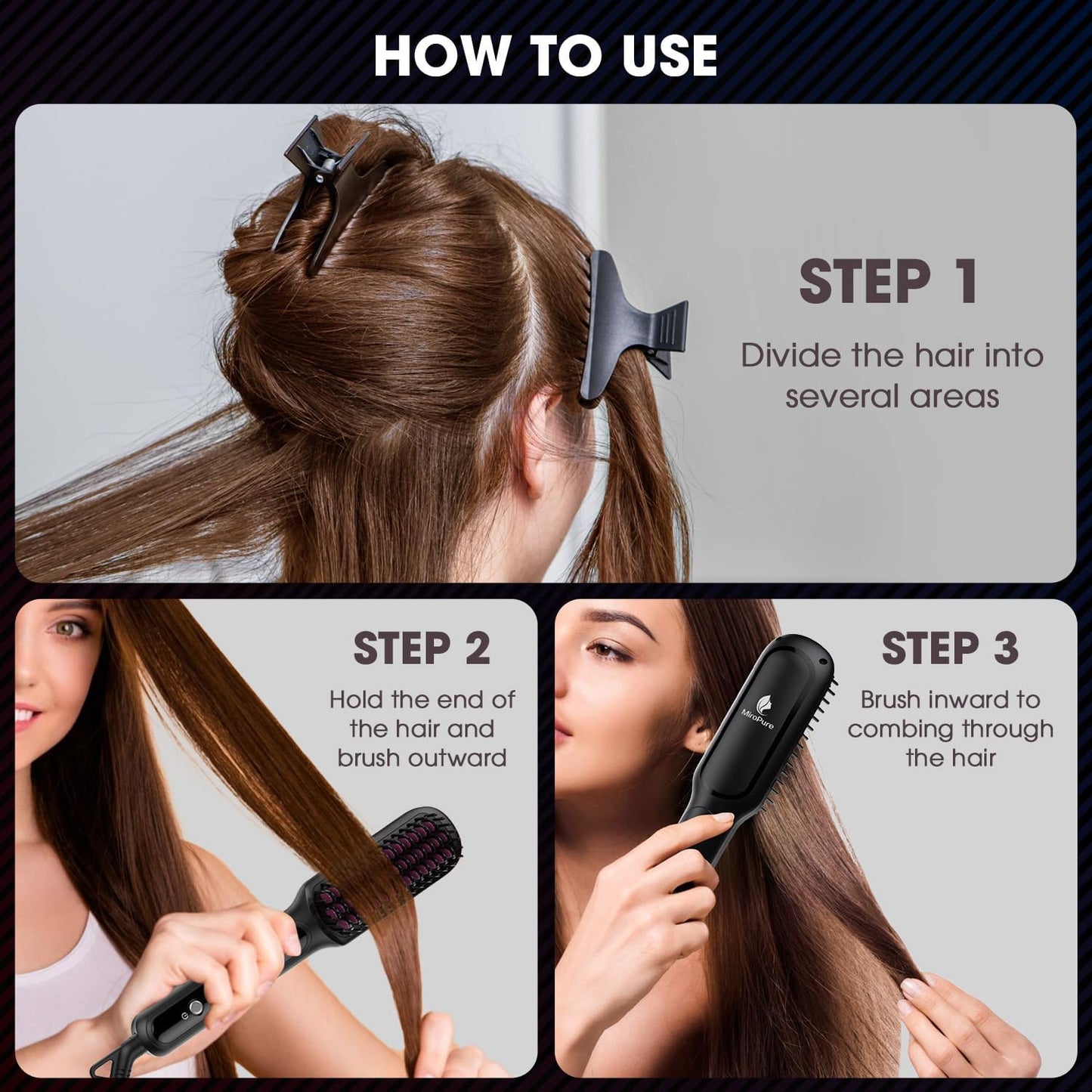 MiroPure Hair Straightener Brush with Plasma Technique, Ceramic Straightening Brush with 16 Temp Settings 30s Fast Heating, Hair Straightener Comb for Women with LED Display & Dual Voltage, Black