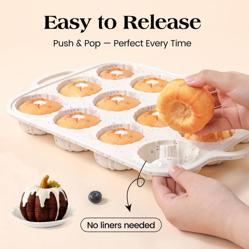 Vinino Silicone Mini Fluted Tube Cake Pans with Metal Reinforced Frame, 12-Cavity Mini Flan Molds, Non-stick Cupcakes Pans for Baking, Donuts, Muffins, Cornbread, Brownies, Jellies
