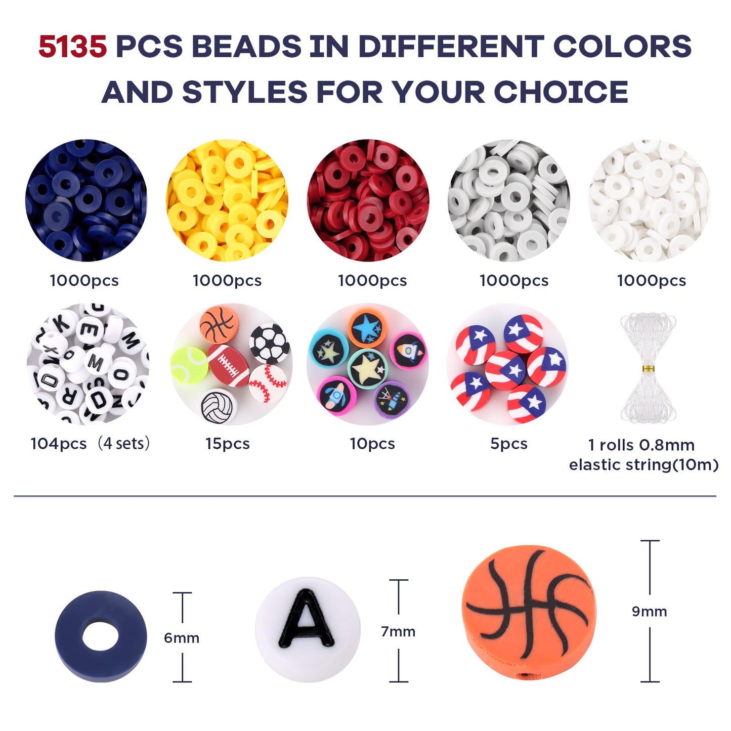 Red White and Blue Clay Beads, Clay Beads for Bracelet Making, Funtopia 5000 Pcs Heishi Flat Round Bead, Friendship Bracelet Kit with Letter Sports Bead, Birthday DIY Craft for Boys Adults